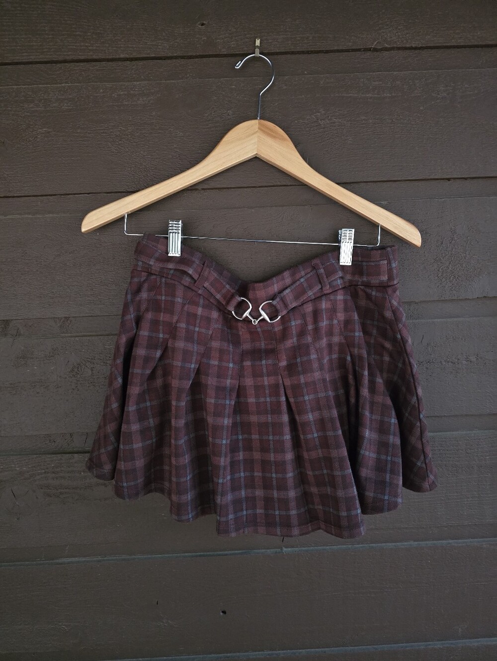 American Eagle Plaid Pleated Skort Mini Skirt Horsebit Buckle Brown M